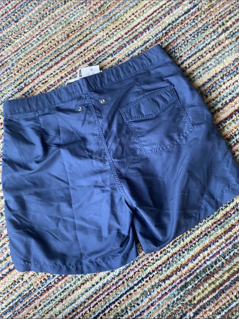 Retromarine navy swim trunks with white stripes